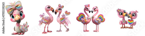 Adorable flamingo characters in a love-filled design, ideal for Valentine's Day cards or children's book illustrations, expressing themes of affection and joy.