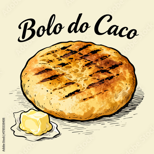 Delicious traditional Portuguese flatbread from Madeira, grilled and served with butter, depicted in a classic illustration style, bolo do caco
