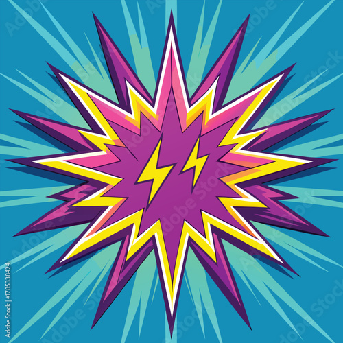 Vibrant Comic Book Explosion With Lightning Bolts Keywords: comic book, explosion, boom, pow