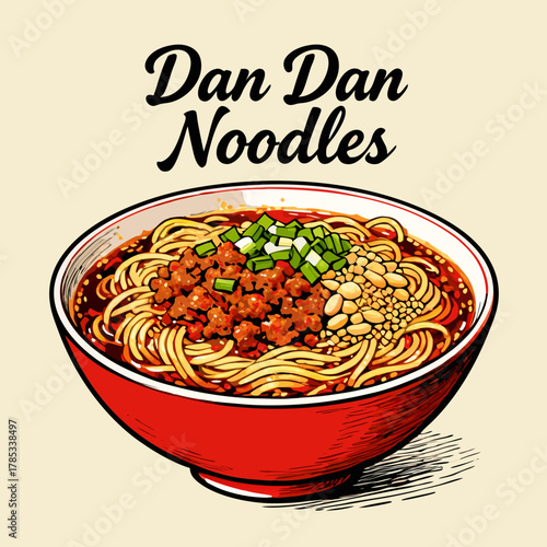 A vibrant illustration of a classic Sichuan noodle dish, featuring spicy minced pork, peanuts, and scallions in a rich chili oil broth,dan dan noodles