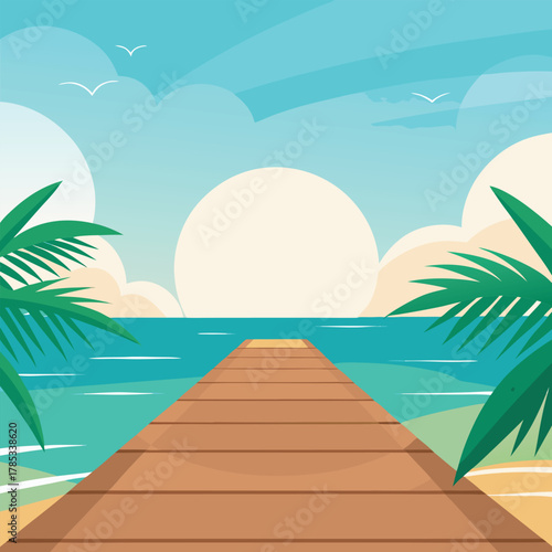 Wooden Pier Leading to the Ocean at Sunset with Palm Trees