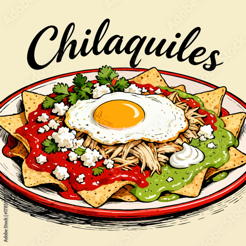A delicious and colorful illustration of traditional Mexican breakfast chilaquiles topped with a fried egg, chicken, and cheese