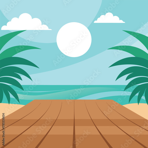 Wooden Pier on Sandy Beach with Tropical Palm Trees and Sun Keywords: beach, ocean, sea, pier