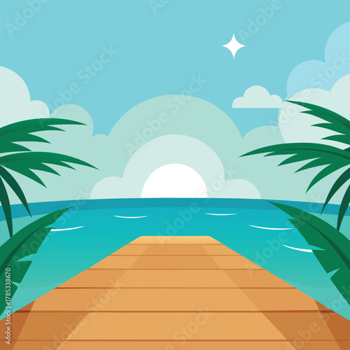 Wooden Pier on Tropical Beach with Palm Trees and Sunrise Keywords: beach, ocean, sea, pier