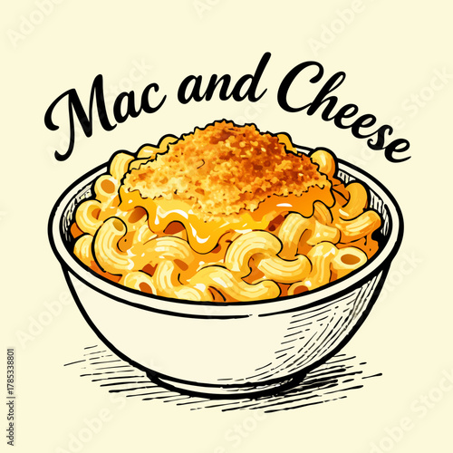 Vector sketch illustration of a classic American comfort food, a savory bowl of baked macaroni and cheese with a crispy topping