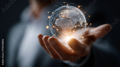 Global Connections: A hand cradles a glowing, digital representation of the world, symbolizing interconnectedness, technology, and the future.