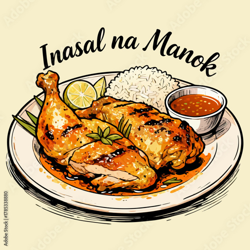 A flavorful illustration of Filipino-style grilled chicken, served with steamed rice, tangy dipping sauce, and a fresh lime wedge, inasal na manok