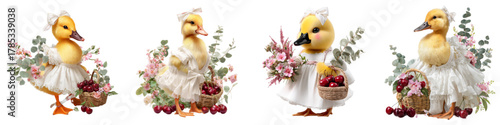Charming ducklings dressed in vintage outfits, each holding a basket of cherries and flowers, ideal for springtime celebrations and whimsical designs