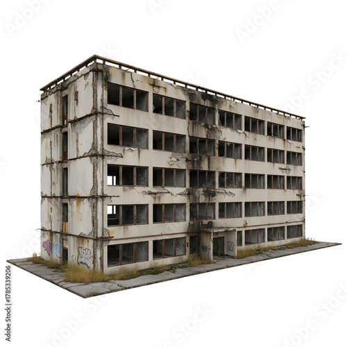 A dilapidated abandoned building in the city with broken windows and crumbling walls, urban decay and neglected architecture, post-apocalyptic scene isolated on transparent background