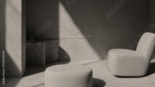 A minimalist interior space bathed in sunlight, featuring an ottoman, chair, and stone block
