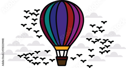 Hot air balloon vector illustration featuring a vibrant striped balloon floating amidst white clouds on a dark background.