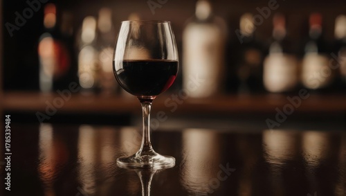 A full glass of red liquid sits on a dark, reflective surface, bottles blurred in the background