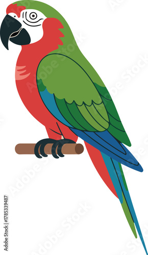 Exotic vector parrot with vivid green red and blue plumage perched on a branch a beautiful tropical bird