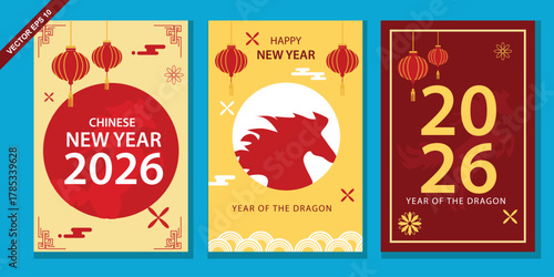 Festive Chinese New Year 2026 vector design featuring traditional lanterns and auspicious symbols, perfect for greeting cards and social media.