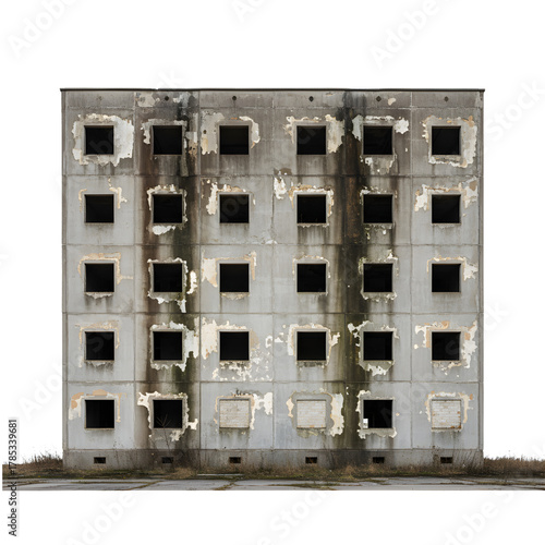 A dilapidated abandoned building in the city with broken windows and crumbling walls, urban decay and neglected architecture, post-apocalyptic scene isolated on transparent background