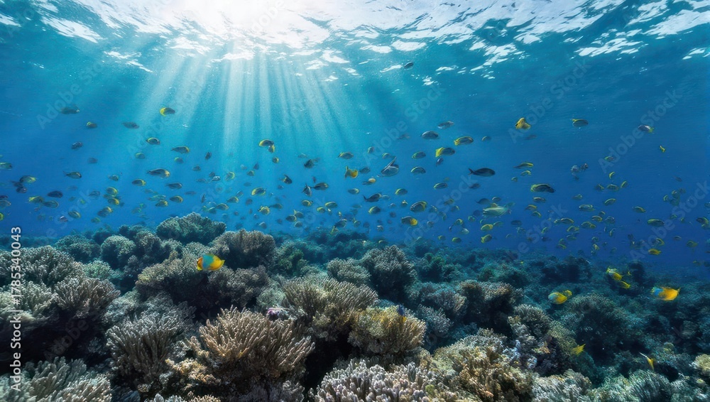 Fototapeta premium Vivid underwater scene with sunlight beams illuminating coral reef and numerous colorful fish