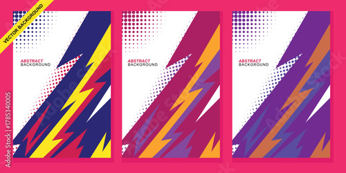 A set of abstract backgrounds featuring dynamic brush strokes, halftone patterns, and vibrant color palettes, suitable for modern design projects.