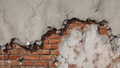 Close-up of weathered brick wall revealing underlying red bricks with damaged plaster