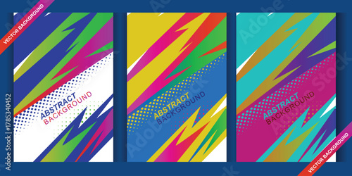 A set of abstract backgrounds featuring dynamic brush strokes, halftone patterns, and vibrant color palettes, suitable for modern design projects.