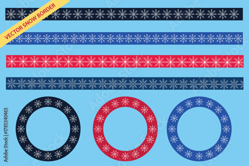 A set of snowflake borders and frames in various colors, perfect for winter-themed designs and decorations.