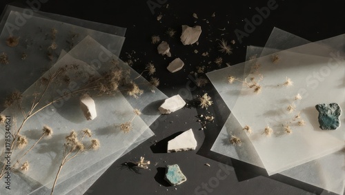 Overhead shot showing translucent sheets with dried plant matter and fragments on a dark backdrop