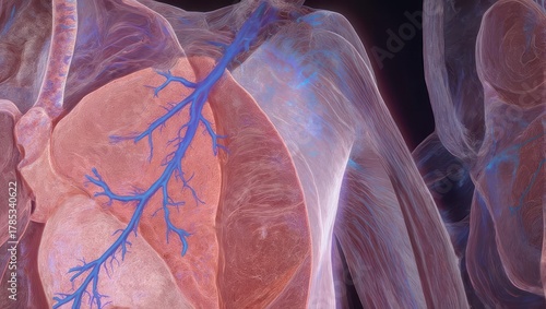 Detailed 3D rendering of human respiratory system, showing lungs and airways with transparent skin