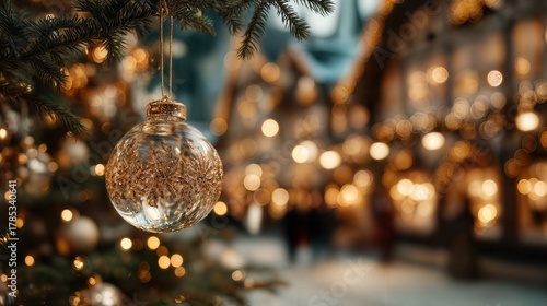Holiday scene with festive decorations, including a shimmering gold ornament, illuminated by soft bokeh lights. The focus is on the festive ornament, creating a cozy and warm atmosphere