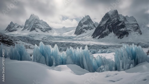 A glacial landscape showcases imposing snow-capped peaks, textured ice formations, and a cloudy sky