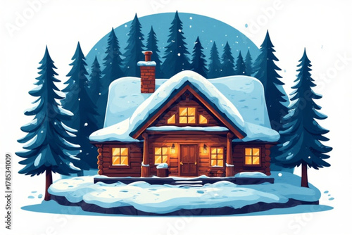 Cozy cabin nestled in a snowy winter landscape, illuminated by warm light.