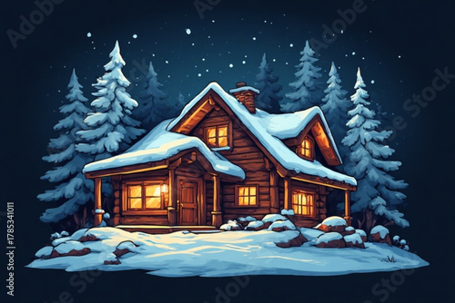 A cozy, snow-covered cabin glows warmly amidst a winter forest scene.