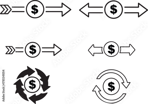 Dollar sign with arrows icon set vector showing financial flow, transaction movement, and circular exchange, editable stroke design for economy and fintech UI.