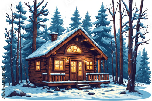 Cozy cabin nestled in a snowy forest, illuminated from within, creating a warm, inviting scene.
