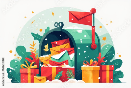 A mailbox overflowing with letters and surrounded by gifts in a snowy, festive scene.