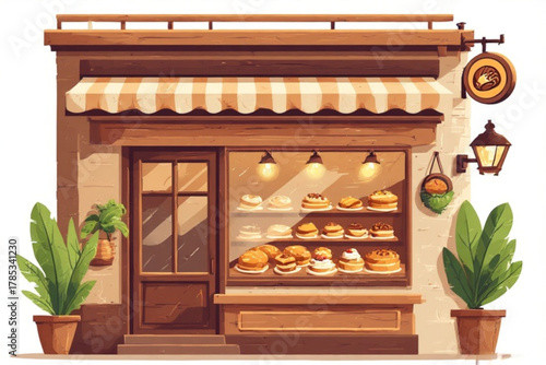 A charming illustration of a bakery storefront, displaying various baked goods.
