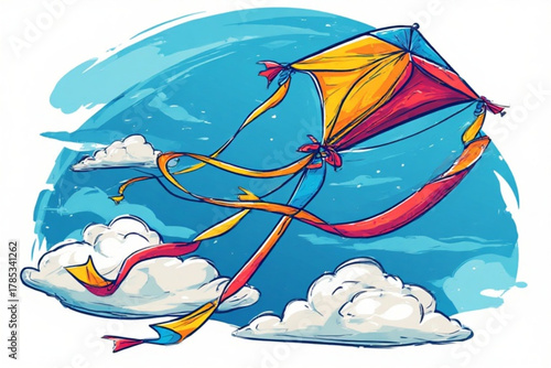 A colorful kite soars through the sky, ribbons trailing, amidst fluffy clouds.