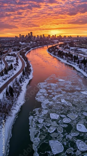 Wallpaper Mural Winter Cityscape Sunrise Aerial Footage Over Frozen River Torontodigital.ca