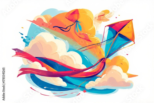 Colorful kites soaring through a bright, whimsical sky filled with fluffy clouds.
