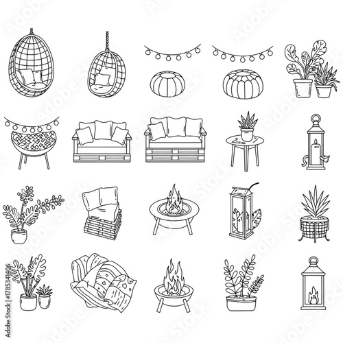 outdoor patio furniture illustration cozy backyard setting with string lights fire pits and plants for home decor and summer lifestyle designs