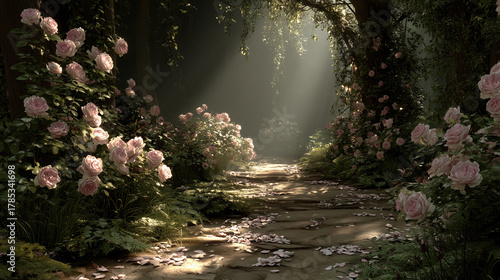 Fototapeta Naklejka Na Ścianę i Meble -  Serene trail in magical enchanted garden, adorned with light pink roses and surrounded by lush greenery. Sunlight filters through trees, creating tranquil atmosphere filled with beauty and peace