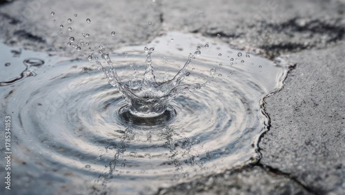 Close-up of a droplet impacting water, creating concentric ripples in a cracked, grey surface