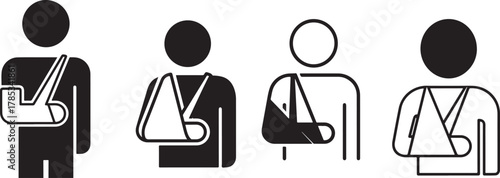 Injured Person with Arm in Sling Icons.  Medical care, first aid, and broken bone graphic symbols