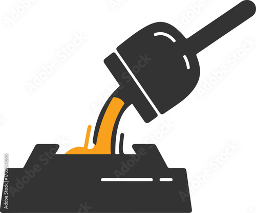 Molten metal pouring icon vector with ladle and mold, editable stroke design for casting process, industrial manufacturing, foundry work, and metallurgy graphics.