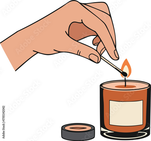 A hand lighting a candle with a match on a white background, celebrating World Candle Day in a simple 2D flat illustration style.