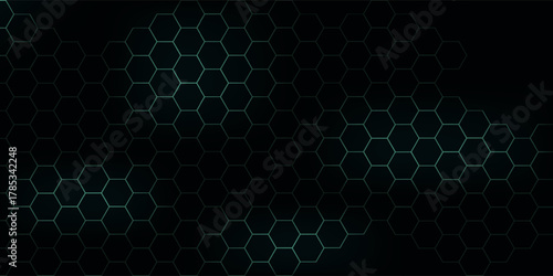 Dark hexagon abstract technology background with blue and green colored bright flashes under hexagon. Hexagonal gaming vector tech illustration black abstract modern.Eps10