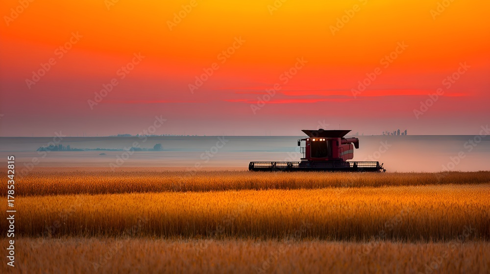 Fototapeta premium A combine harvester is working in a golden wheat field against a vibrant sunset sky du harvest season.