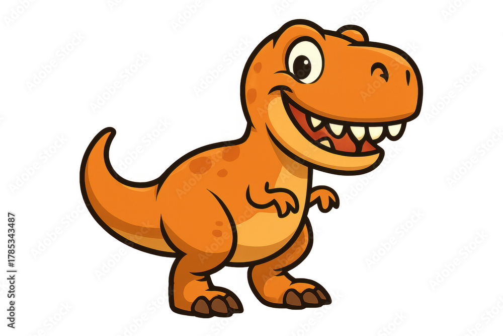 Fototapeta premium Cartoon tyrannosaurus rex smiling, cheerful orange t-rex character, prehistoric animal, happy dinosaur mascot, transparent background