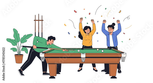 Three young adults celebrating a billiards game victory, with one person shooting pool and two others cheering under falling confetti.