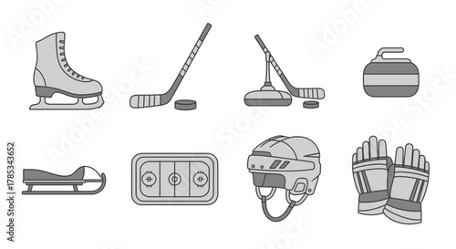 A collection of winter sports icons, including ice skate, hockey sticks with puck, curling stone, bobsleigh, ice rink, helmet, and gloves.