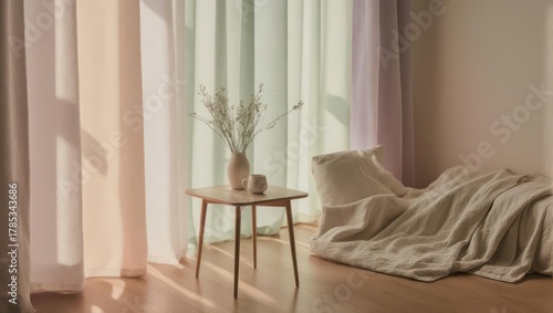 Serene bedroom scene bathed in soft sunlight, featuring sheer curtains, table, vase, and bed