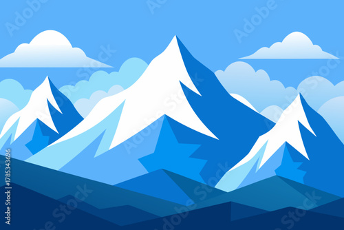 Stylized snow capped mountains under a blue sky with clouds